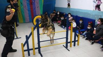 Cachorro realiza salto ao lado de guarda sendo visto por crianças sentadas #paratodosverem