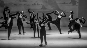 Balé apresenta coreografia. Bailarinas estão vestidas de pinguins em foto preta e branca. #paratodosverem 