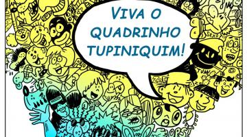 quadrinho com o desenho do mapa do brasil preenchido por vários personagens das histórias em quadrinhos. Ao centro há um balão onde se lê viva o quadrinho tupiniquim. #paratodosverem