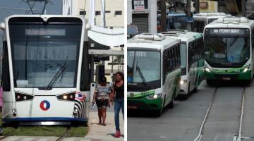 imagem mostra VLT e ônibus #paratodosverem 