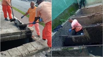 jogo de duas fotos com homens trabalhando em sistema de drenagem. #paratodosverem