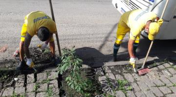 dois operários capinando o solo #paratodosverem  