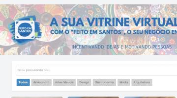 imagem do site do vitrine feito em Santos. como logotipo do projeto em formato de mureta de santos, e imagens de artigos de artesanato expostos. #paratodosverem