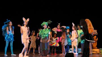 crianças fantasiadas sobre um palco #paratodosverem
