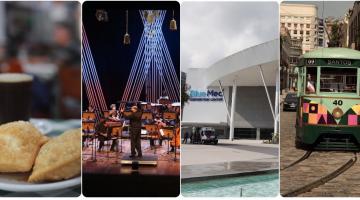 conjunto de fotos com pasteis, a orquestra sinfônica, o blue med convention e o bonde no centro