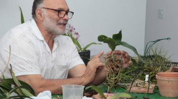 homem está sentado diante de várias mudas de orquídeas. Ele segura e aponta para uma delas. #paratodosverem 