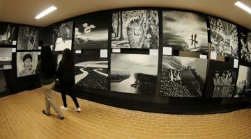várias pinturas em preto e branco expostas em um painel. Duas pessoas observam a exposição. #paratodosverem 