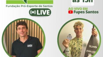 Card com informações e fotos do atleta e treinador que vão participar da live. #paratodosverem