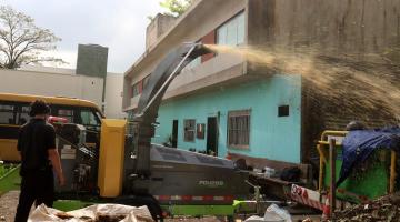triturador em operação jorrando galhos triturados #paratodosverem