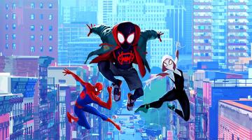 ilustração com homem aranha e dois personagens voando #paratodosverem