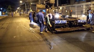 Rua é pavimentada à noite. Máquinas etão na pista. Homens também trabalham na via. #Pracegover