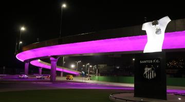 viaduto na entrada da cidade com iluminação cor-de-rosa. Monumento da camisa do rei pelé à direita. #paratodosverem