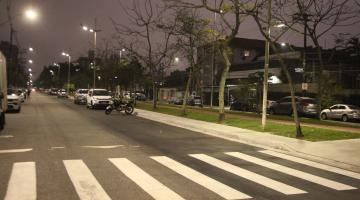 Avenida com faixa de pedestre em primeiro plano. Está vazia. É noite e luminárias nos postes estão acesas. #paratodosverem 