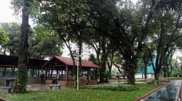 vista geral da praça com paisagismo concluído, Há um canteiro em primeiro plano e árvores adultas. #paratodosverem 