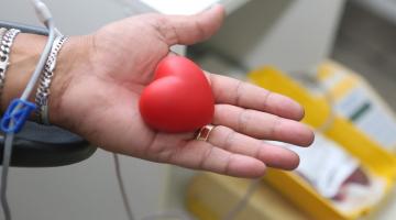 palma de mão aberta segura bola antiestresse (para apertar e estimular bombeamento de sangue) em formato de coração. #paratodosverem 