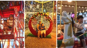 mosaico de fotos com duas crianças em roda gigante, mãe e filho em um ponto instagramável e criança em carrossel. #paratodosverem 