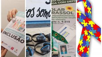 mosaico de fotos de abafador, colar girassol e laço do autismo. #paratodosverem