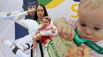 Em retorno após gestação, taekwondista de Santos sobe no pódio com filha no colo e vaga na seleção