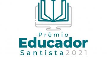 logotipo do prêmio com desenho de livro aberto. Abaixo se lê Prêmio Educador Santista 2021