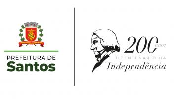 logomarca com o brasão de Santos ao lado esquerdo e o perfil de jose bonifácio desenhado, ao lado do número 200 e os seguintes dizeres: anos da Indenpendência. #paratodosverem