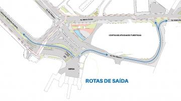 Mapa mostra as duas rotas de saída para os motoristas. #pracegover