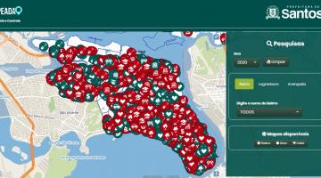 Mapa de Santos em tela com várias marcações. #Paratodosverem