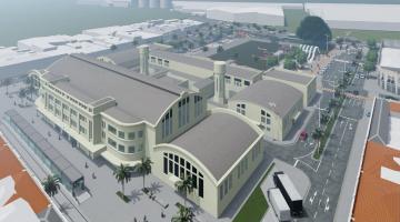 vista aérea do complexo do mercado com prédios e anexos. Imagem é uma projeção em 3D. #paratodosverem