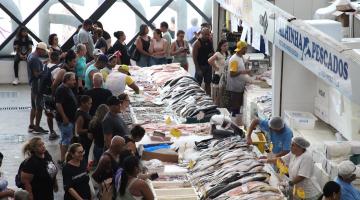 pessoas olhando peixe nos boxes do mercado #paratodosverem 