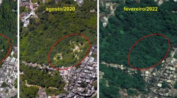 três imagens de satélite de área em santos que estava desmatada e foi recuperada com plantio de árvores. #paratodosverem