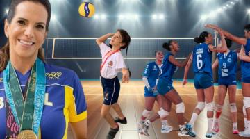montagem de foto com virna dias e crianças jogando vôlei. #paratodosverem