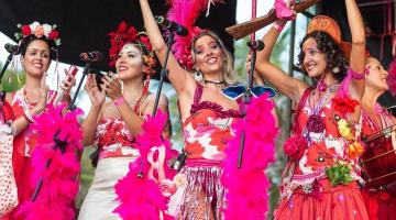 mulheres fantasias para o carnaval com roupas predominantemente cor-de-rosa. #paratodosverem 