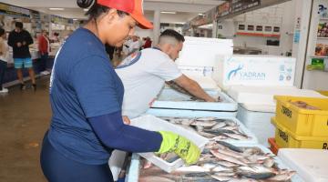 peixeira mexe em pescados no mercado #paratodosverem