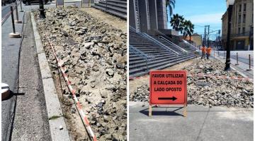 obras em calçada diante de fórum. #paratodosverem