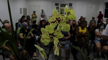 Orquídea amarela com pigmentos roxos em primeiro plano, com público ao fundo. #paratodosverem