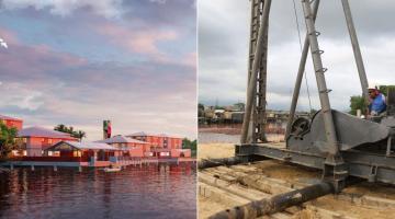 montagem mostra projeto e obra do parque palafitas #paratodosverem