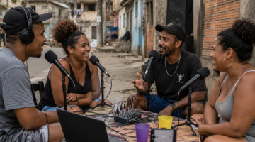 pessoas fazendo podcast na rua #paratodosverem