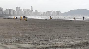 Operários estão recolhendo lixo da faixa de areia em dia nublado. #Paratodosverem