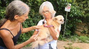 mulher vacina cachorro que está no colo de outra mulher. #paratodosverem 