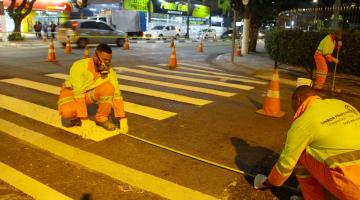 Homens demarcam faixa em avenida. Eles estão agachados s segurando uma especie de trena. Eles usam máscaras de proteção. Ao lado há cones demarcando a a´rea reservada para o serviço e para o trânsito de veículos. #Pracegover