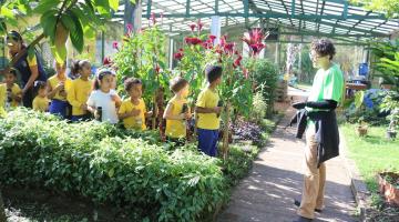 crianças em estufa de plantas.  #paratodosverem