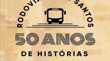 Arte com desenho de ônibus ao centro. Está escrito: Rodoviária de Santos 50 anos de histórias.#paratodosverem