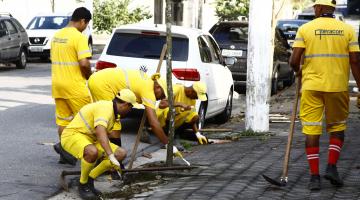 operários capinam na calçada #pracegover 