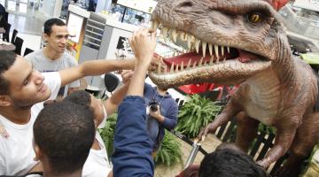 Pessoas com deficiência interagem com réplicas de dinossauros. Confira galeria de imagens