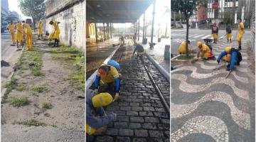 três imagens de trabalhadores capinando e raspando ruas e calçadas #paratodosverem
