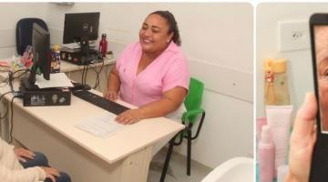 enfermeira atende mulher em sala. ambas conversas.  Em composição de foto ao lado, um espelho reflete a imagem de uma mulher que passa batom nos lábios. #paratodosverem