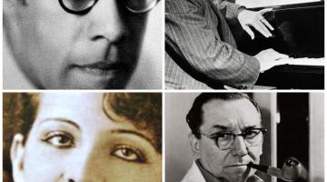 Da esquerda para a direita, do alto para baixo: Mario de Andrade, Heitor Villa-Lobos, Cândido Portinari e Patrícia Galvão