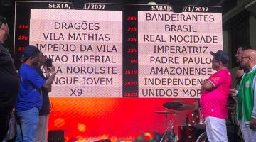 painel com a lista de escolas conforme o dia de desfile. #paratodosverem