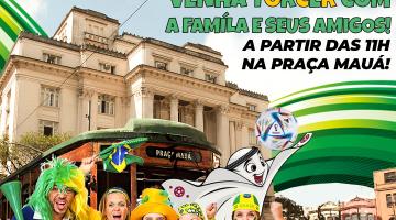 banner do evento com ilustração do paço municipal e do bonde com pessoas vestidas de verde e amarelo