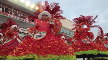 Mulher desfila na ala das baianas no carnaval #paratodosverem