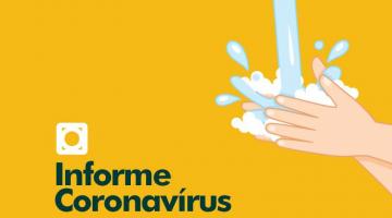 Card onde se lê: Informe coronavírus. Tem uma mureta simbolizando o logotipo da Prefeitura e uma arte de mãos se esfregando sob um jato d'água. #Paratodosverem